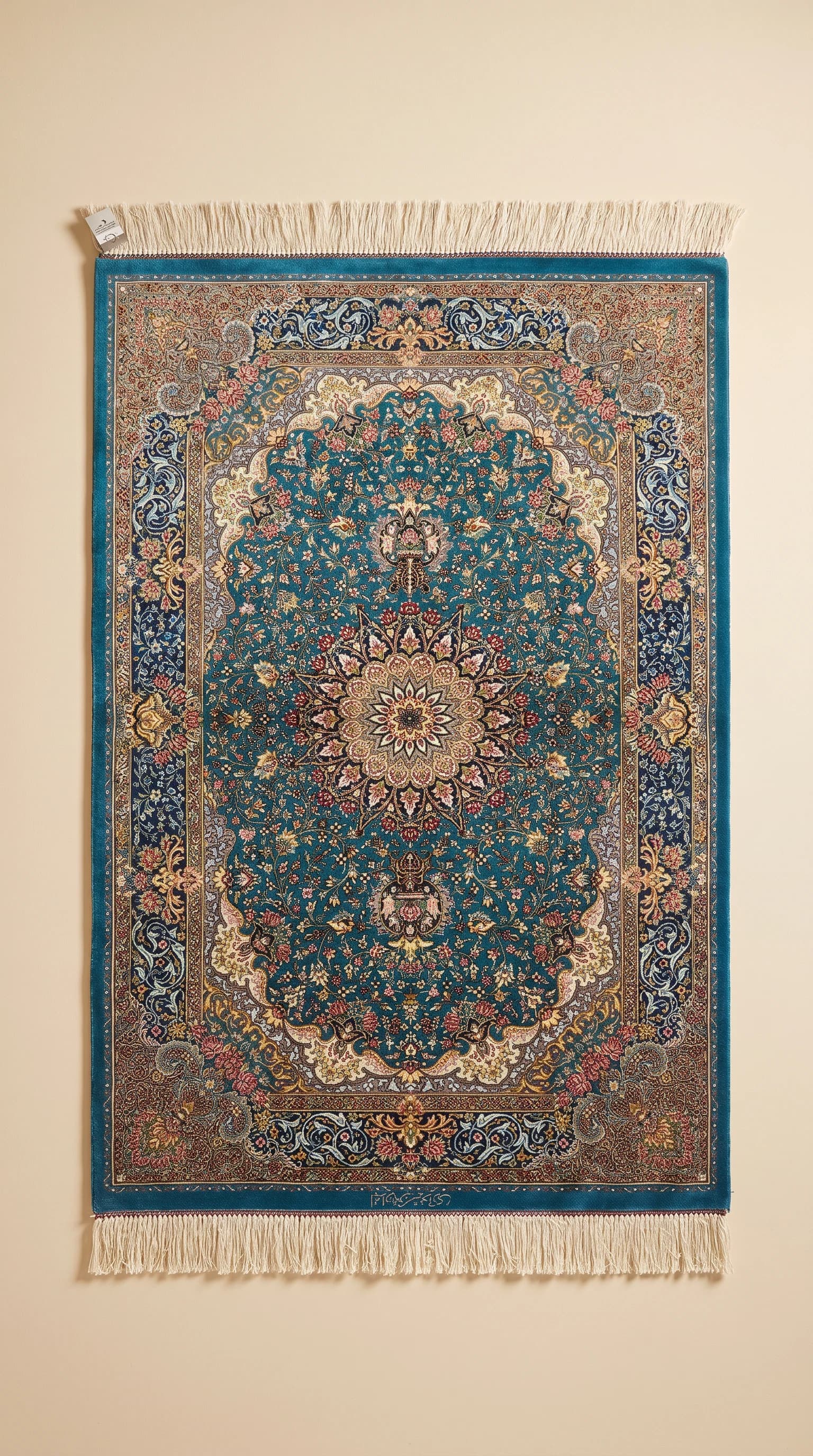 Handmade Qum Pure Silk Carpet – Iranian Luxury with Turquoise Elegance