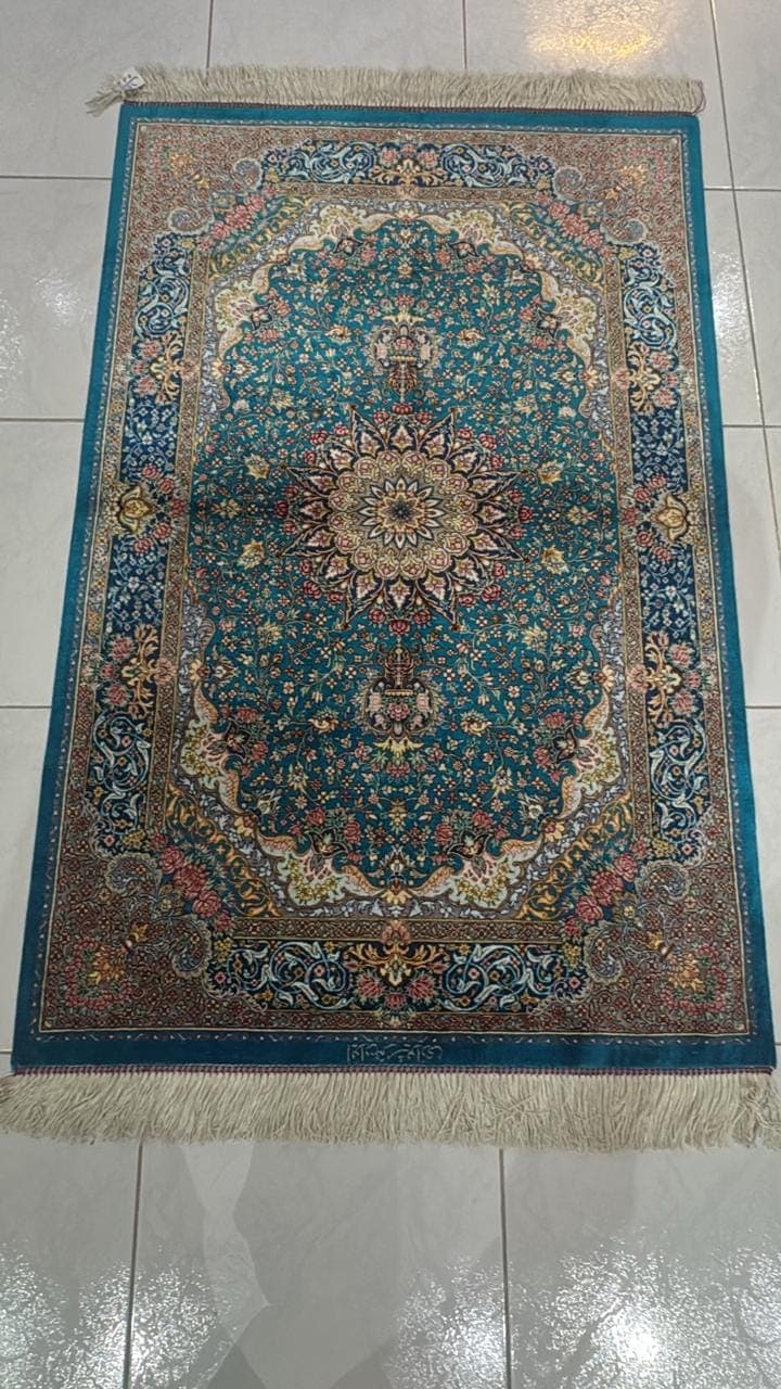 Handmade Qum Pure Silk Carpet – Iranian Luxury with Turquoise Elegance view 2